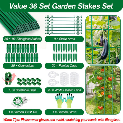 123PCS Garden Stakes Set with 36PCS 16 Inch Fiberglass Plant Sticks and Stake Arms, DIY 4ft 5ft 6ft 7ft 8ft Tomato Stakes, Garden Stakes for Vegetables Tomato Pepper Indoor Outdoor Plants