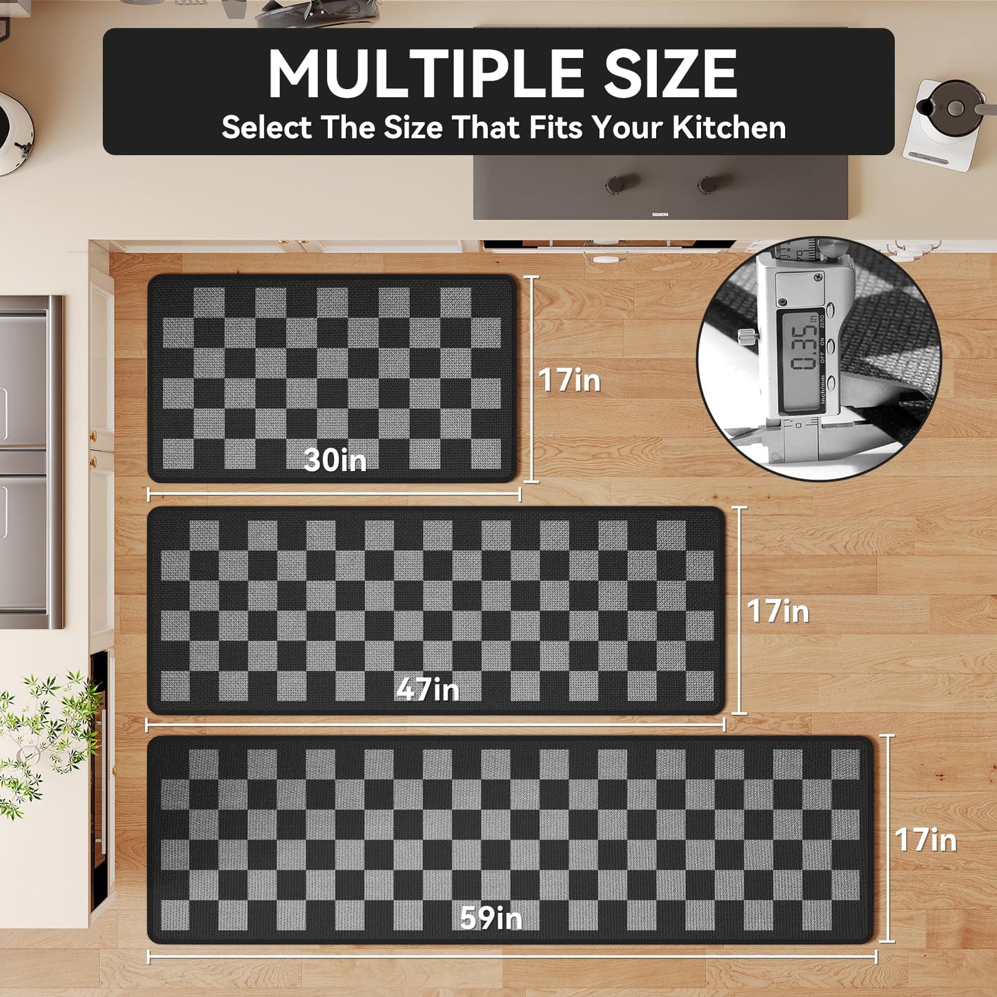 YDKGL Kitchen Mats For Floor, Soft Anti Fatigue Super Absorbent Kitchen Rugs Non Slip Washable, Linen-Look Woven Cushion Kitchen Runner Rug, Kitchen Sink Mat Standing Mat, Black Gray Checkered 17"x30"