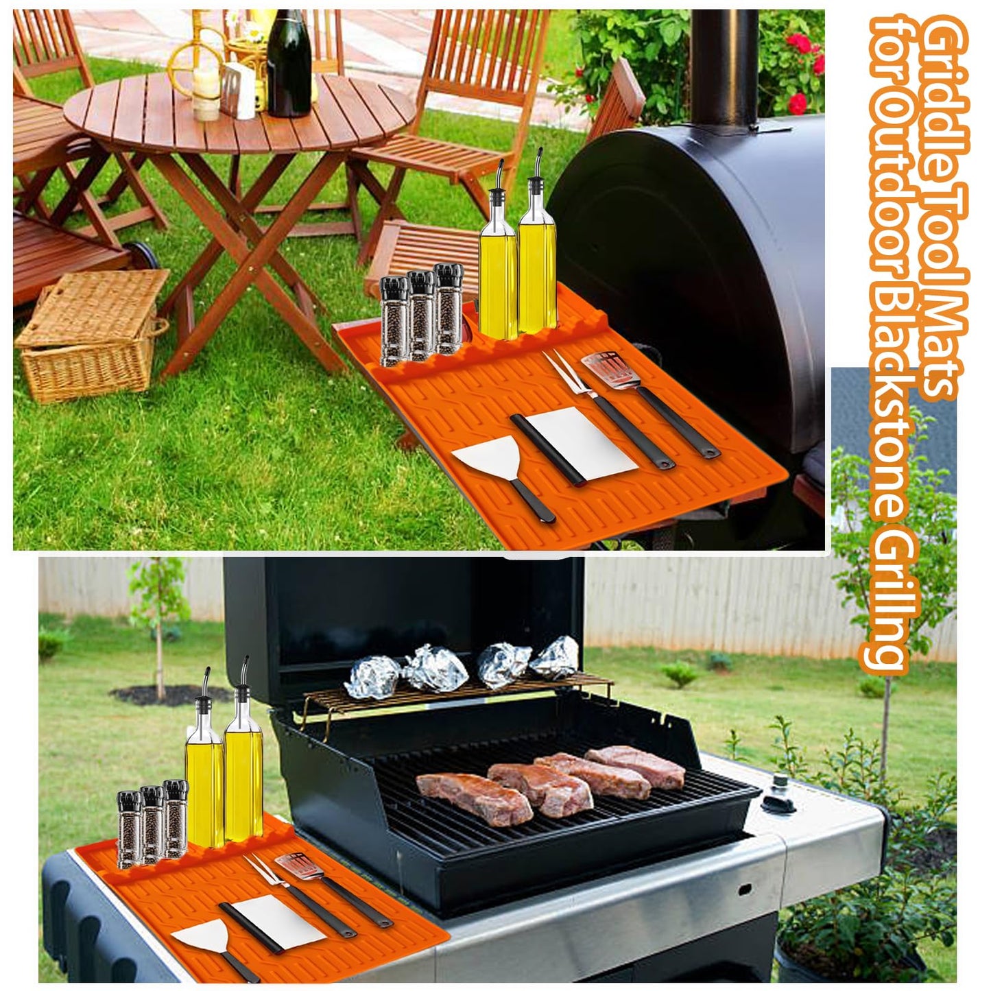 2 Pack Silicone Grill Mats for Blackstone Griddle, Non-Stick Griddle Accessories, Includes 2 BBQ Brushes for Outdoor Grill and Kitchen Use