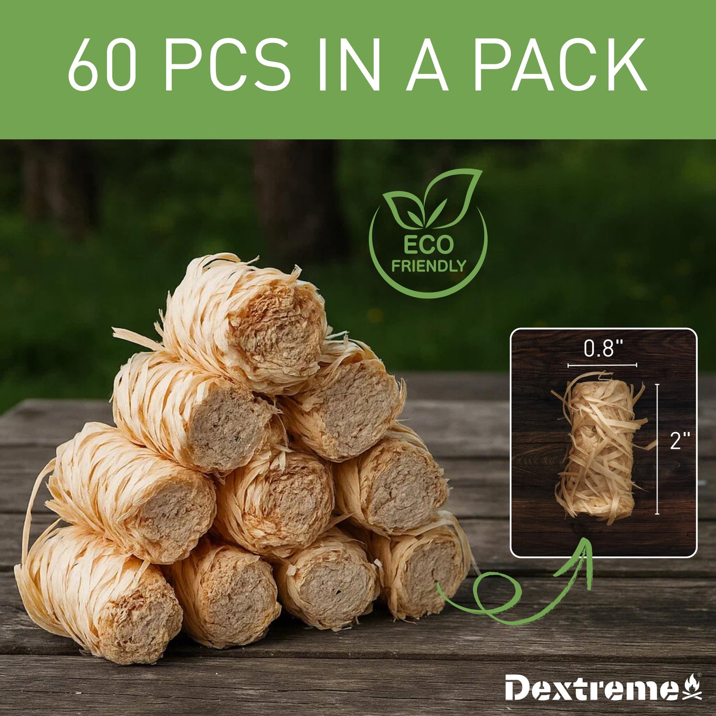 Dextreme Fire Starters 60 pcs | Natural Firestarters for BBQ, Campfires, Fireplace, Charcoal, Wood Stove, Fire Pit, Chimney, Pizza Oven and Smokers | All Weather, Odorless, Non Toxic