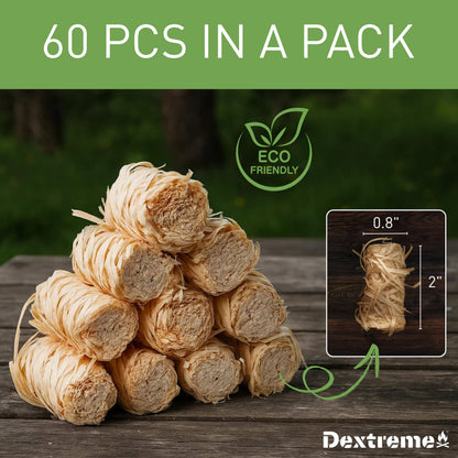 Dextreme Fire Starters 60 pcs | Natural Firestarters for BBQ, Campfires, Fireplace, Charcoal, Wood Stove, Fire Pit, Chimney, Pizza Oven and Smokers | All Weather, Odorless, Non Toxic