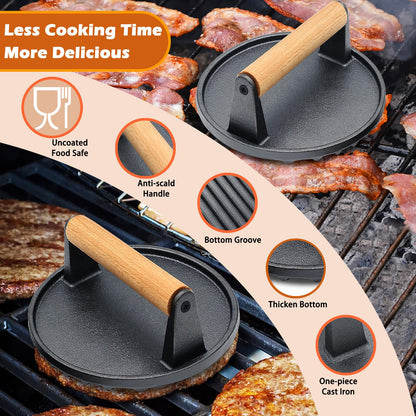 Smash Burger Press, Heavy-Duty Cast Iron Hamburger Grill Press with Heat Resistant Wooden Handle Hamburger Patty Maker Bacon Sandwich Round Meat Press, 7inch