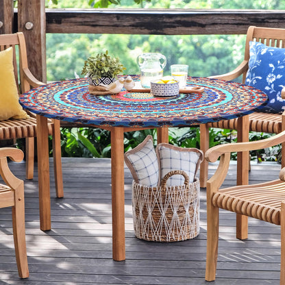 Alynsehom Round Tablecloth with Elastic Edge Outdoor Round Fitted Vinyl Table Cloth 36-44” Waterproof Wipeable Boho Table Cover for Dining Kitchen Picnic Barbecue Party Camping Decor Housewarming Gift