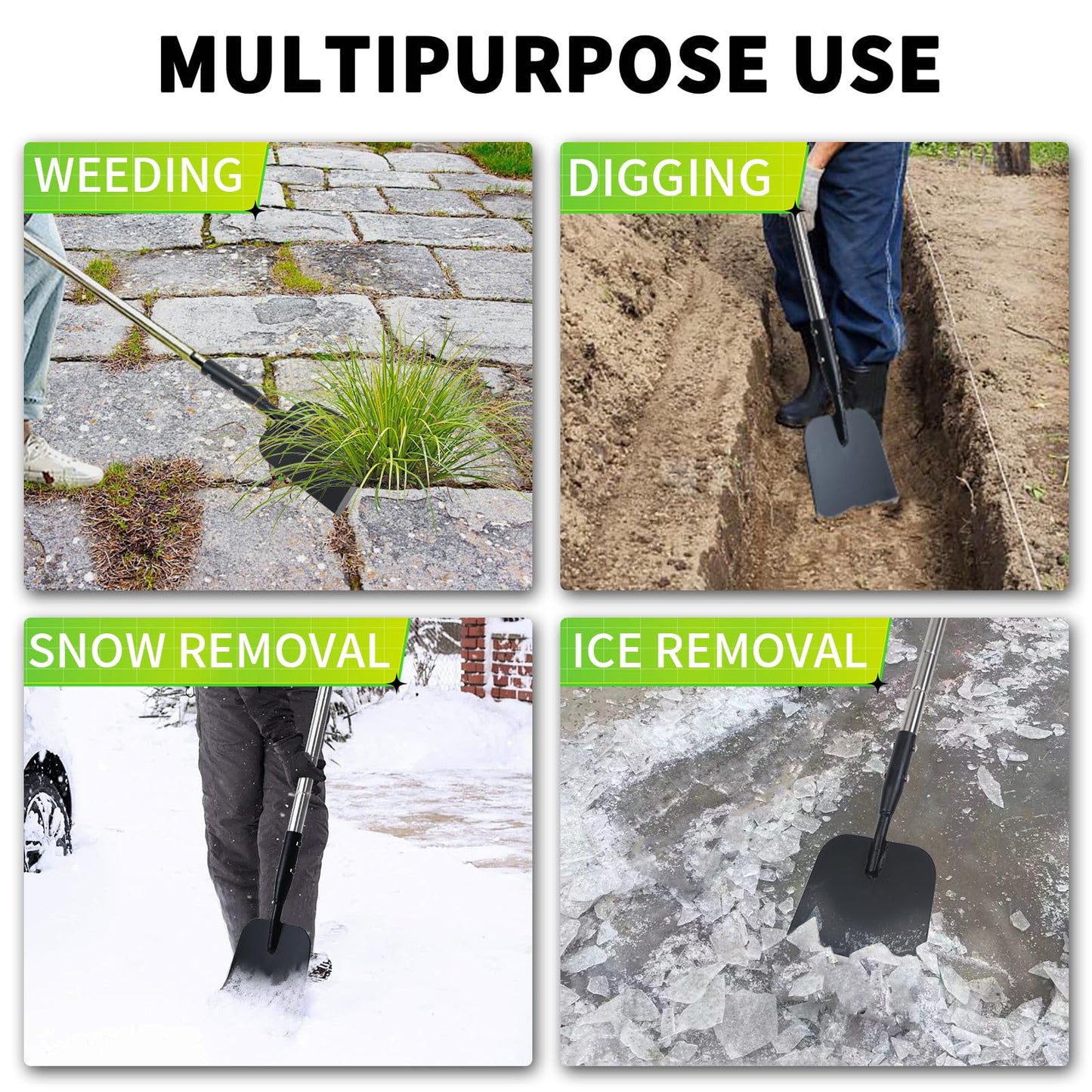 BARAYSTUS Flat Shovel with Adjustable Handle, 59 in Floor Scraper, Ice Scraper, Garden Cleaning Tool, Ice Chopper, Snow Shovel, Multifunctional Weed Remover for Walkway Driveway
