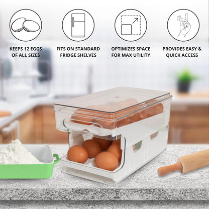 Rolling Egg Holder, Fridge Fresh 24 Egg Organizer with Lid for Refrigerator, Clear Egg Container Tray Stackable Dispenser and Egg Holder for Fridge, Egg Dispenser fridge Rolling With Egg Timer