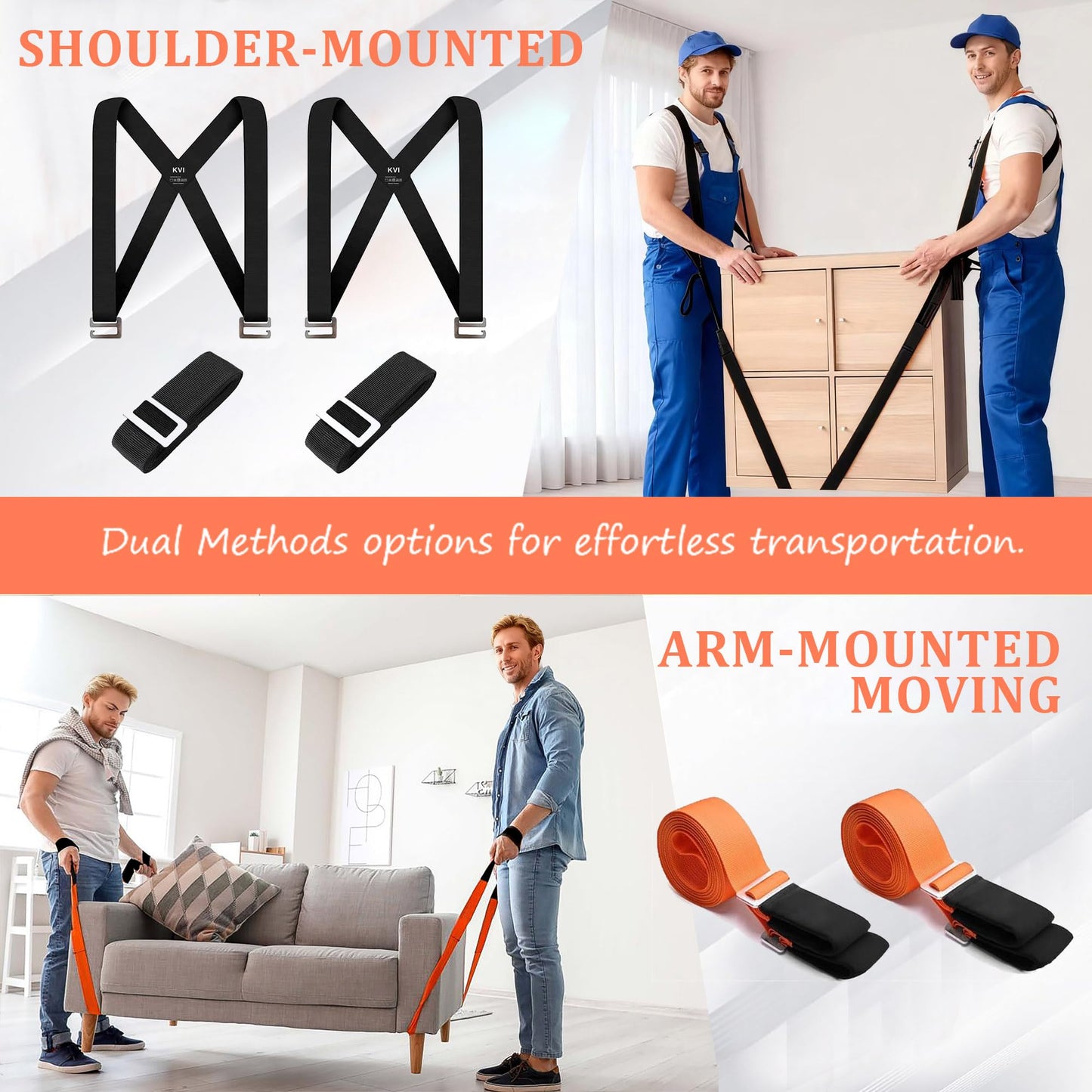 KVI Moving Straps Lifting Heavy Duty, 2-Person Shoulder Moving-Lifting Adjustable Length System for Furniture Appliances Mattresses Heavy Objects Black