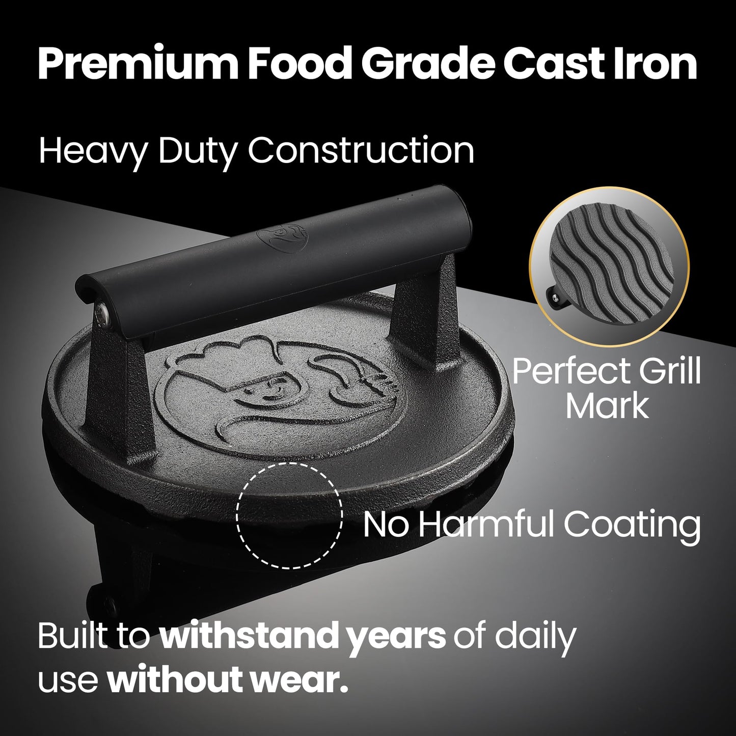 2 lb Smash Burger Press for Griddle, Heavy Duty Hamburger Press w/Heat Resistant Handle, Cast Iron Grill Press, Bacon Press, Round Burger Smasher for Griddle, Meat Press, BBQ Grilling Accessories