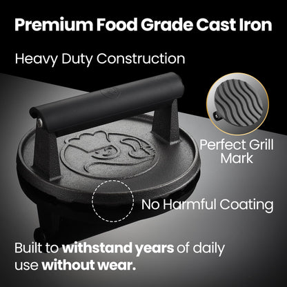 2 lb Smash Burger Press for Griddle, Heavy Duty Hamburger Press w/Heat Resistant Handle, Cast Iron Grill Press, Bacon Press, Round Burger Smasher for Griddle, Meat Press, BBQ Grilling Accessories