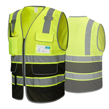 COOLJOB 9 Pockets Reflective Mesh Safety Vest for Men, Hi-vis Work Vest for Construction, Class 2 ANSI Standard, Yellow Large 1 pack