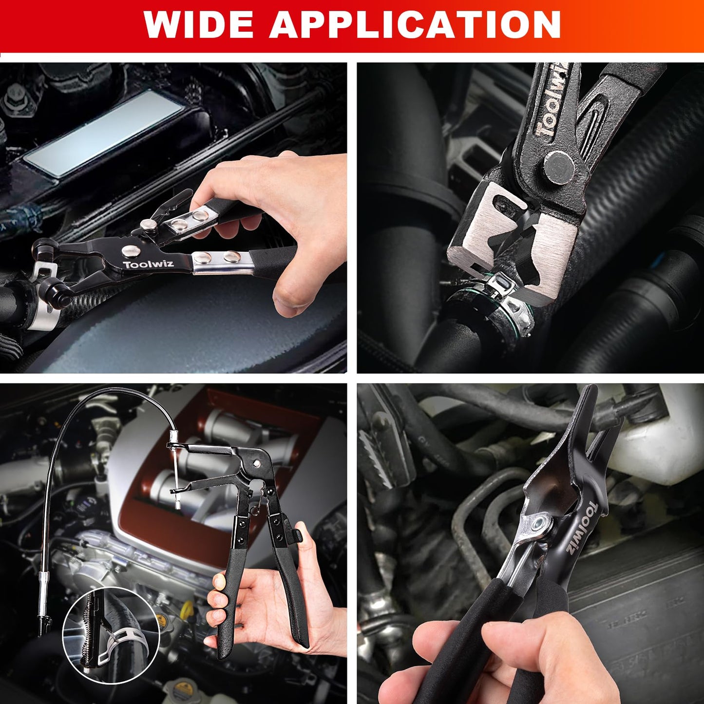 Toolwiz 4 Pcs Hose Clamp Pliers, Spring Coolant Radiator Hose Clamp Pliers Automotive Tools, Includes 27" Long Reach Wire Spring, Flat Band, Remover, Clic-R Type Hand Tools