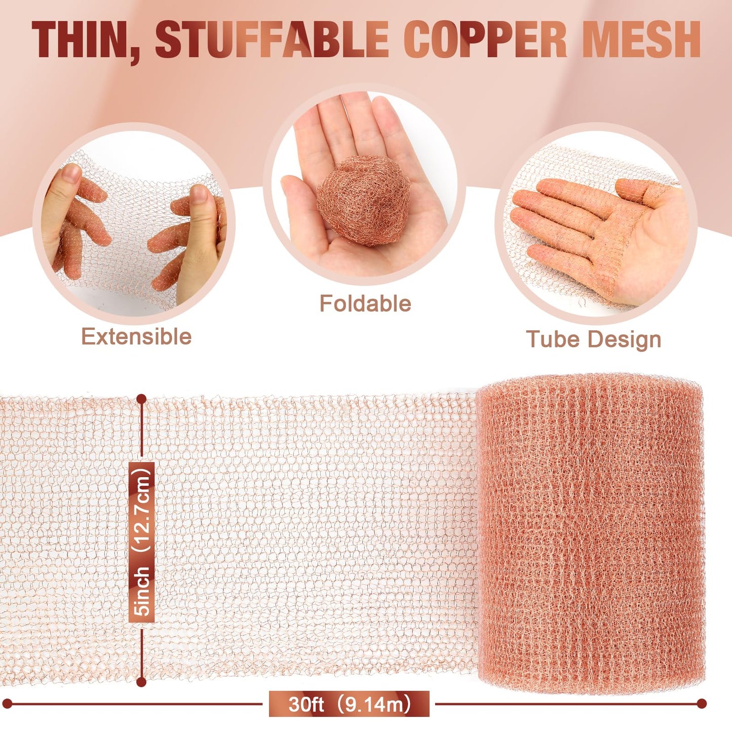 Angooni Copper Mesh,Pure Copper Wire Mesh 5in x 50ft Premium Copper Mesh Ideal for Hole Blocking, Rustproof Pure Copper Mesh Roll