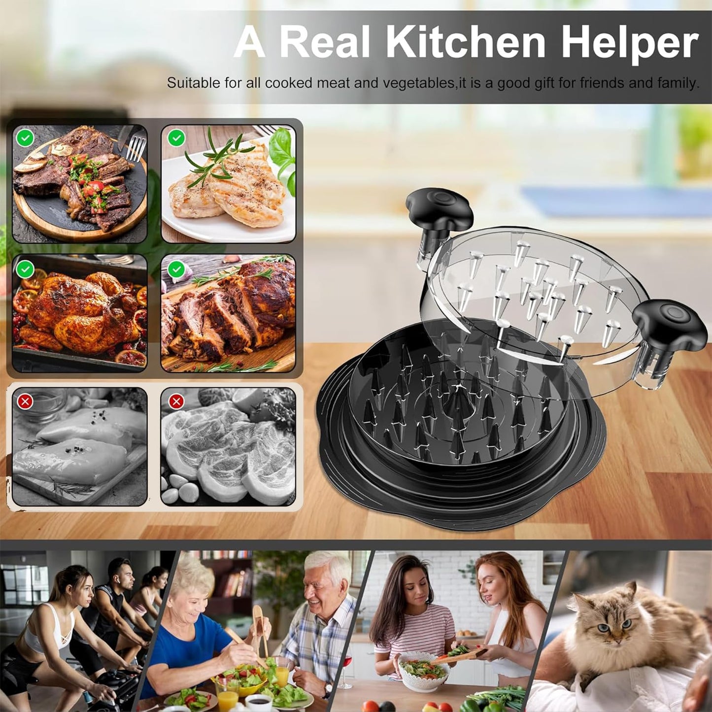 Chicken Shredder 12'' Large Chicken Breast Tool Twist Equipped with 4 Anti Slip Suction Cups and Brush&Food Tongs Visible Meat Masher Machine,Ergonomic Handle,Suitable for Meat & Vegetables (Black)