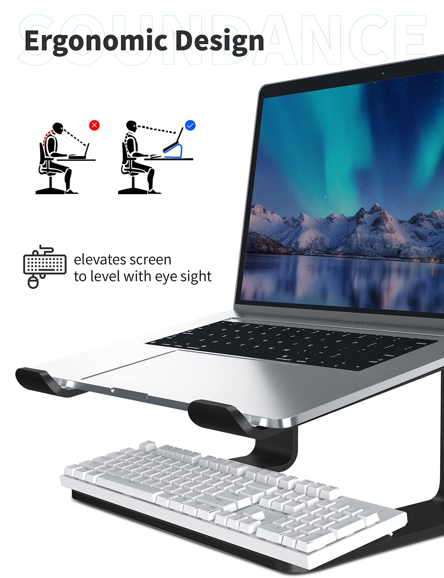 SOUNDANCE Laptop Stand, Aluminum Computer Riser, Ergonomic Laptops Elevator for Desk, Metal Holder Compatible with 10 to 15.6 Inches Notebook Computer, Black