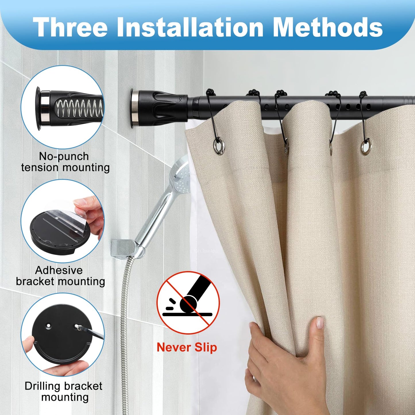 Tension Shower Curtain Rod, 42 to 115 inch Adjustable Heavy Duty black shower tension curtain rod for bathroom Closet Windows