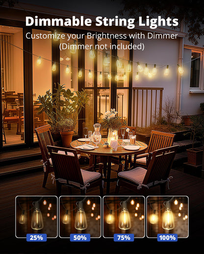 VIPAR Outdoor String Lights 60FT LED Patio Lights Waterproof with 28 Shatterproof ST38 Edison Bulbs Outside Hanging Light Dimmable Connectable for Porch, Deck, Garden, Backyard, Balcony, Decor, 2700K