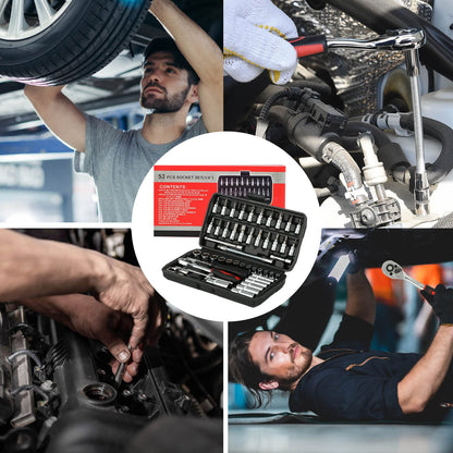 TILIBOTE Socket Wrench Set, 53PCS 1/4 Inch Ratcheting Wrench Set and Extension Bar Gimbal Slide Bar Extension Sockets, Set for Automotive Repair and Home Use.