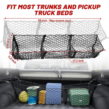 RED WOLF 3 Pockets Cargo Net for Pickup Trunk Ford Dodge Chevy GMC Trunk Bed Storage Organizer Stretchable Rear Cargo Storage Mesh Netting (47.2X 11.8X 11.8 Inch)