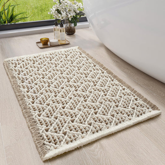 Waffle Bathroom Rugs, Extra Soft and Absorbent Non Slip Bath Mat Washable Boho Bath Rug, Rubber Backed Shower Mat for Bathroom Floor, Bathtub and Shower, 24x36