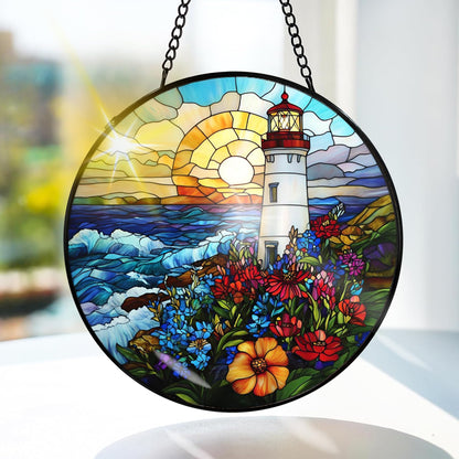 Bimkole Lighthouse Stained Glass Suncatcher Window Hanging - Landscapes Design for Indoor Window or Doorway Decoration - 7.87x7.87 inch with Chain and Hook - Unique Home Decor Gift