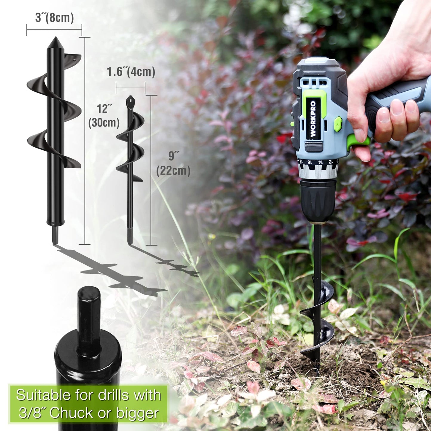 WORKPRO 2-Piece Auger Drill Bit, 1.6"x 9" and 3"x12" Garden Auger Spiral Drill Bit for 3/8" Hex Drive Drill, Hole Digger