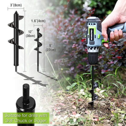 WORKPRO 2-Piece Auger Drill Bit, 1.6"x 9" and 3"x12" Garden Auger Spiral Drill Bit for 3/8" Hex Drive Drill, Hole Digger