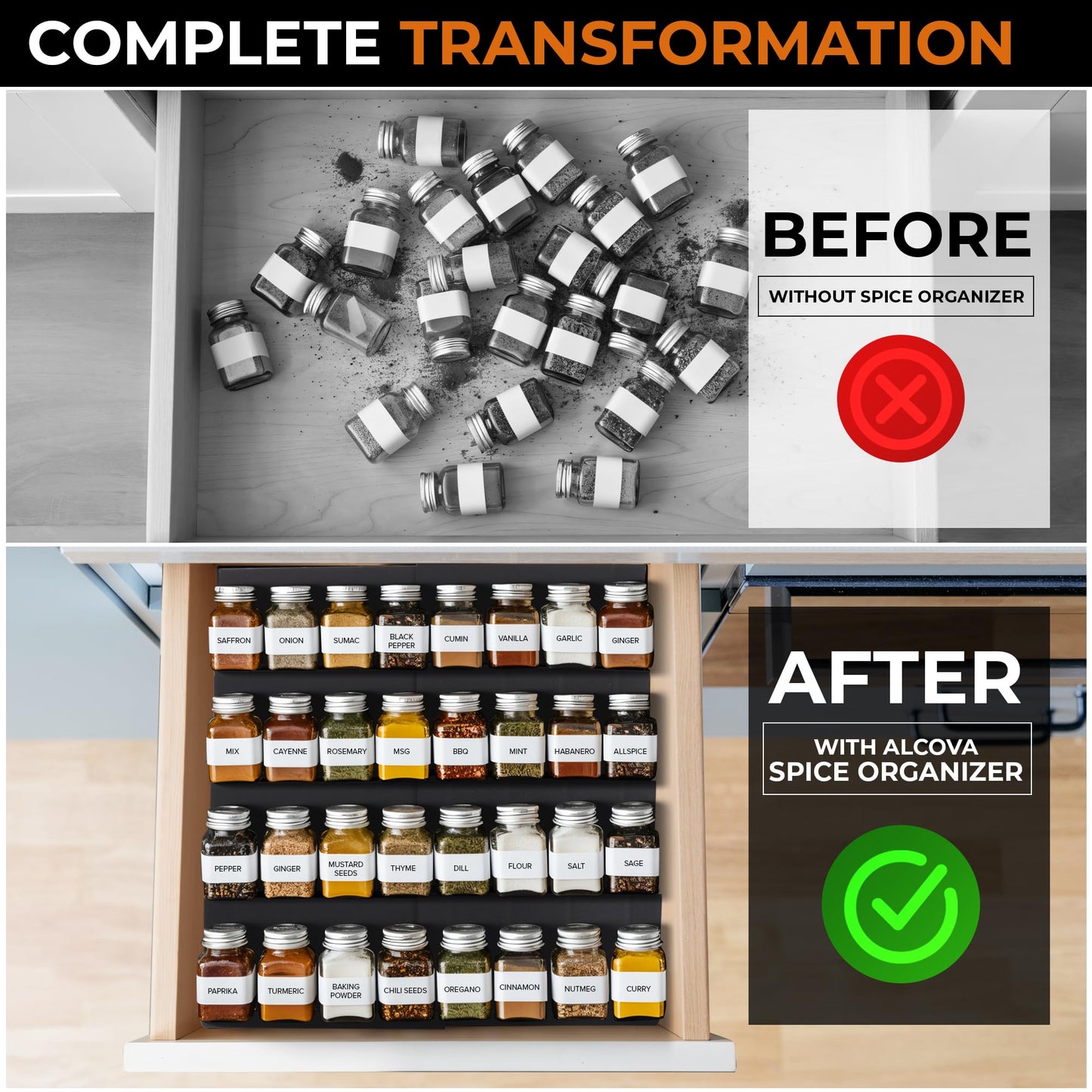 ALCOVA Expandable Spice Drawer Organizer - Adjustable 4 Tier Drawer Spice Organizer Tray Insert for Efficient Spice Organization in Drawer