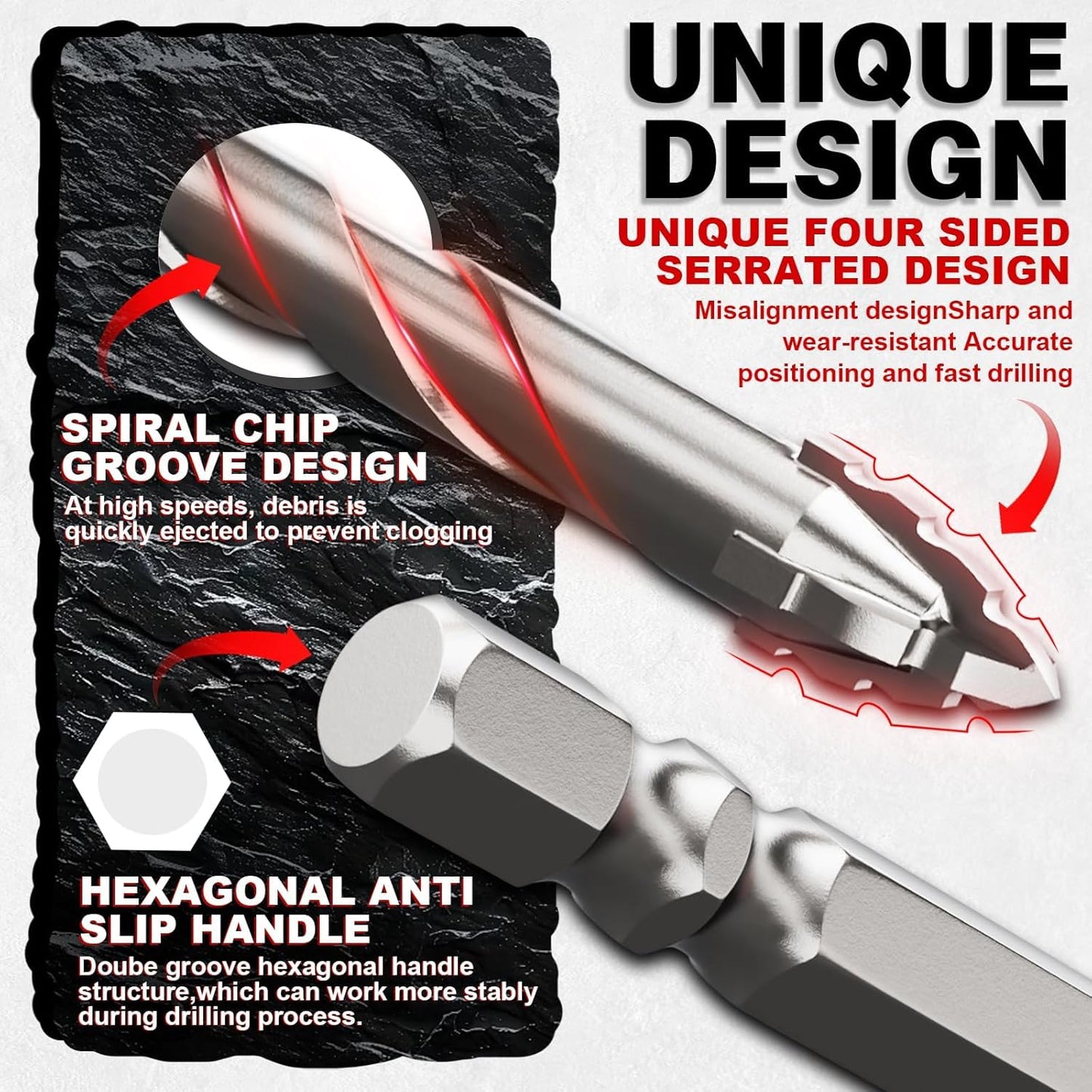 Upgraded Masonry Drill Bit Set 6''(152mm) Length,Serrated Concrete Drill bit Set - (3/16"-1/2") 10-Piece Professional Carbide Drill Bits for Concrete, Tile, Brick, Glass, Ceramic, Wood, and Plastic