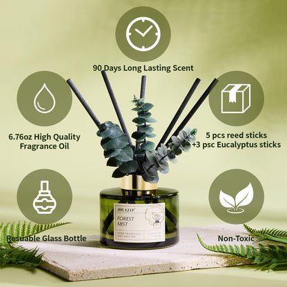 Airkeep Reed Diffuser Set with 6.76 fl oz Forest Mist Scent Essential Oils and 3 Leaves & 8 Diffuser Sticks,Bathroom Shelf Decor & Air Freshener, House Bedroom Office Decor & Gifts