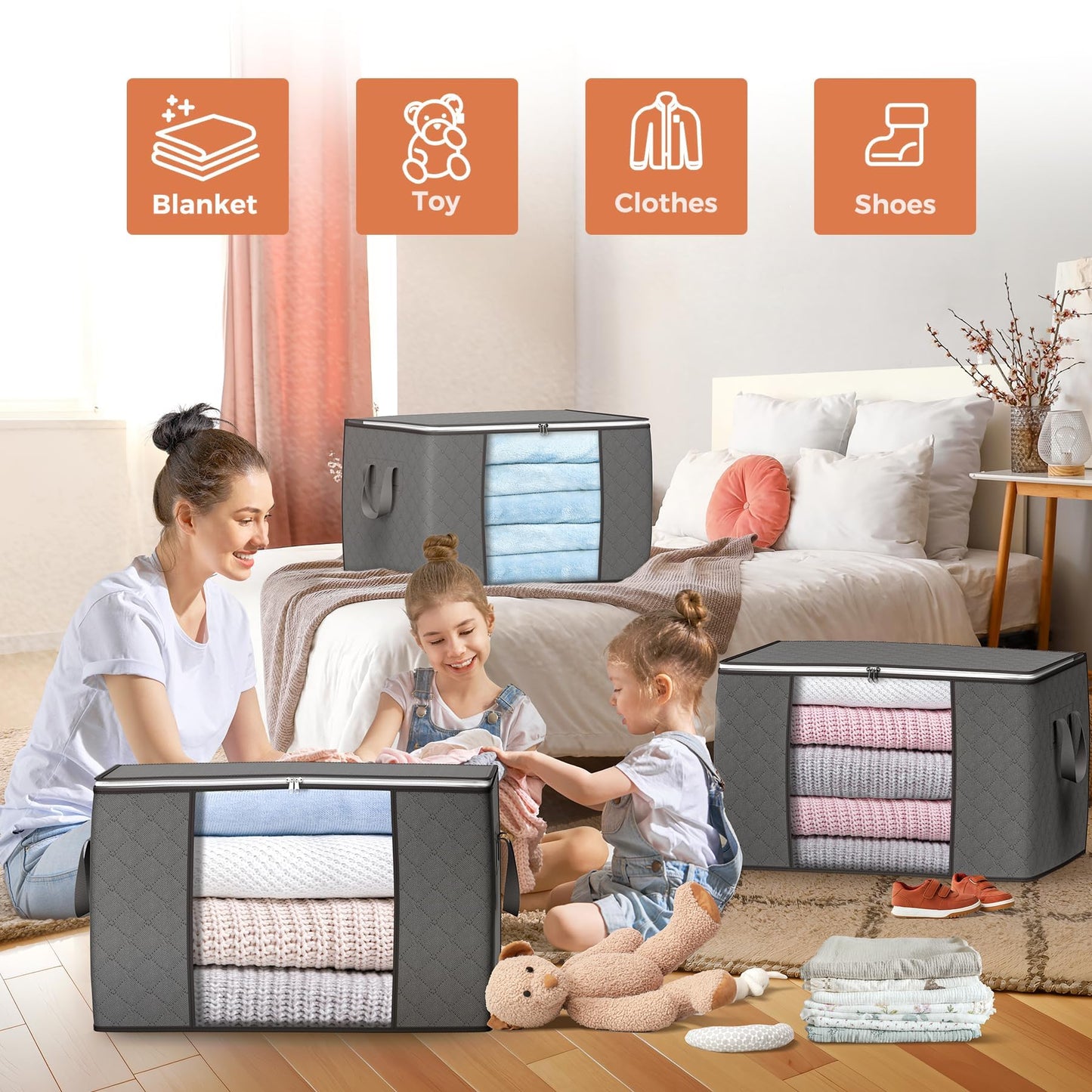 90 L Large Storage Bags, 6 Pack Clothes Storage Bins Foldable Closet Organizers and Storage Containers with Reinforced Handle for Clothing, Blanket, Comforters, Bed Sheets, Pillows and Toys (Gray)