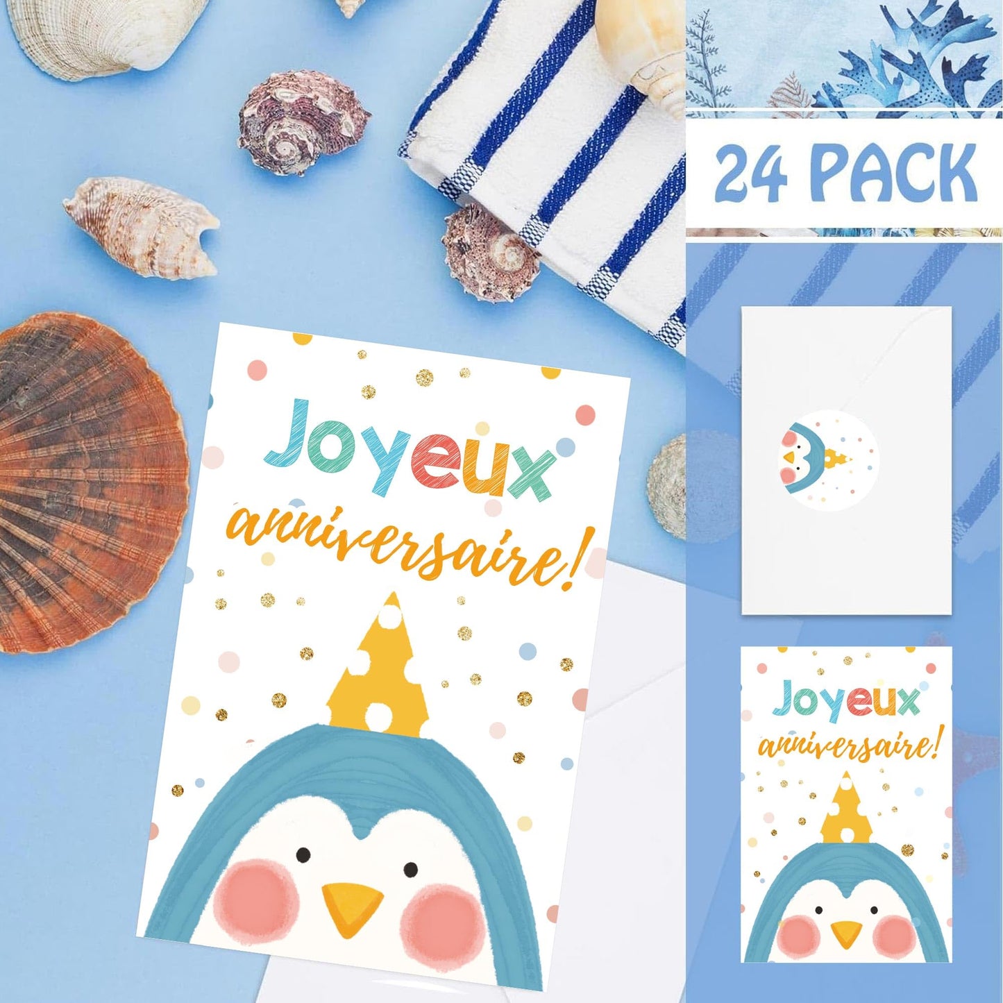 Well Tile 24 Pack French Birthday Cards with Envelopes and Stickers 4x6 Inch-Birthday Thank You Cards Joyeux anniversaire Greeting Cards for Birthday Party Holiday Baby Shower, Christmas