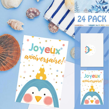 Well Tile 24 Pack French Birthday Cards with Envelopes and Stickers 4x6 Inch-Birthday Thank You Cards Joyeux anniversaire Greeting Cards for Birthday Party Holiday Baby Shower, Christmas