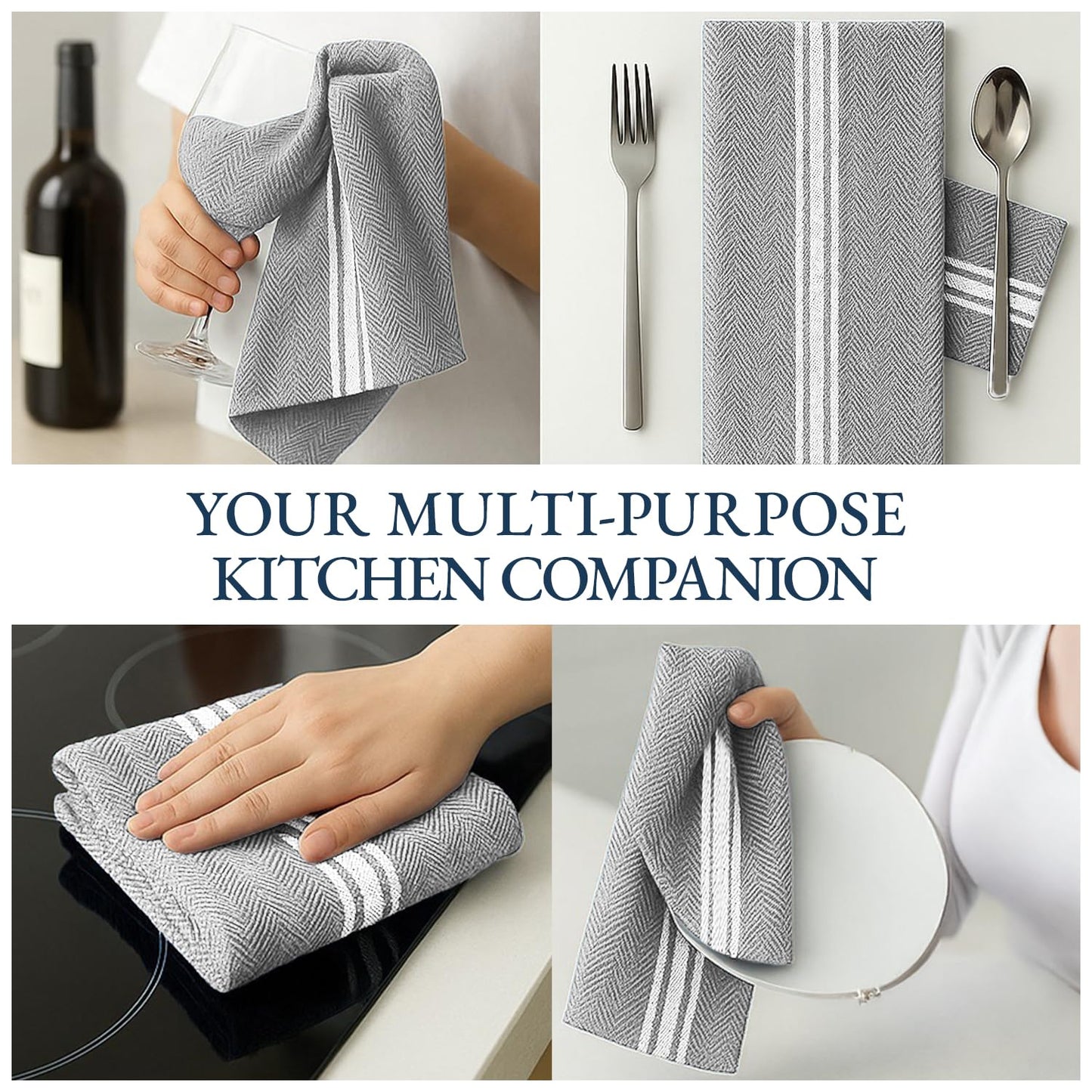 Kitchen Towel Set - 100% Cotton Kitchen Towels, Reusable Dish Cloths, Grey Dish Towels for Kitchen, Soft Absorbent Tea Towels, Durable Kitchen Hand Towels, 14” x 25” Kitchen Dish Towels - 6 Pack