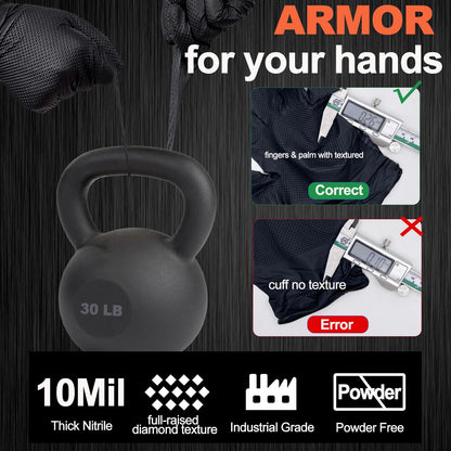 ANBOSON 10 Mil Black Nitrile Disposable Gloves, Mechanic, Safety Work Gloves, Latex & Powder Free, Fully Diamond Textured (Black of 100, Large)