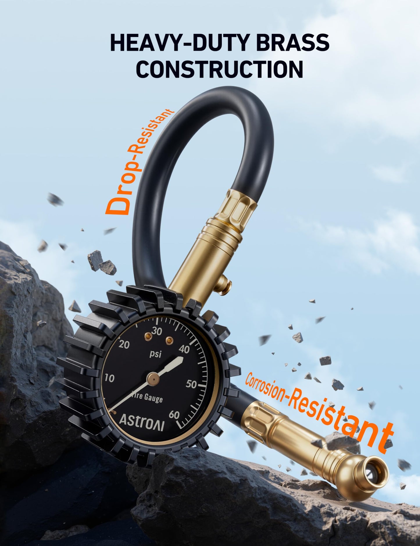 AstroAI Heavy Duty Tire Pressure Gauge 60 PSI with Large 2" Easy Read Glow Dial, Durable Rubber Hose and Solid Brass Construction, Professional Mechanical Tire Gauge for Motorcycles, Cars, Bicycle