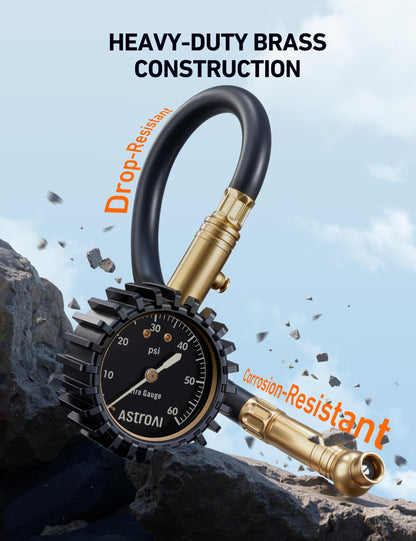 AstroAI Heavy Duty Tire Pressure Gauge 60 PSI with Large 2" Easy Read Glow Dial, Durable Rubber Hose and Solid Brass Construction, Professional Mechanical Tire Gauge for Motorcycles, Cars, Bicycle