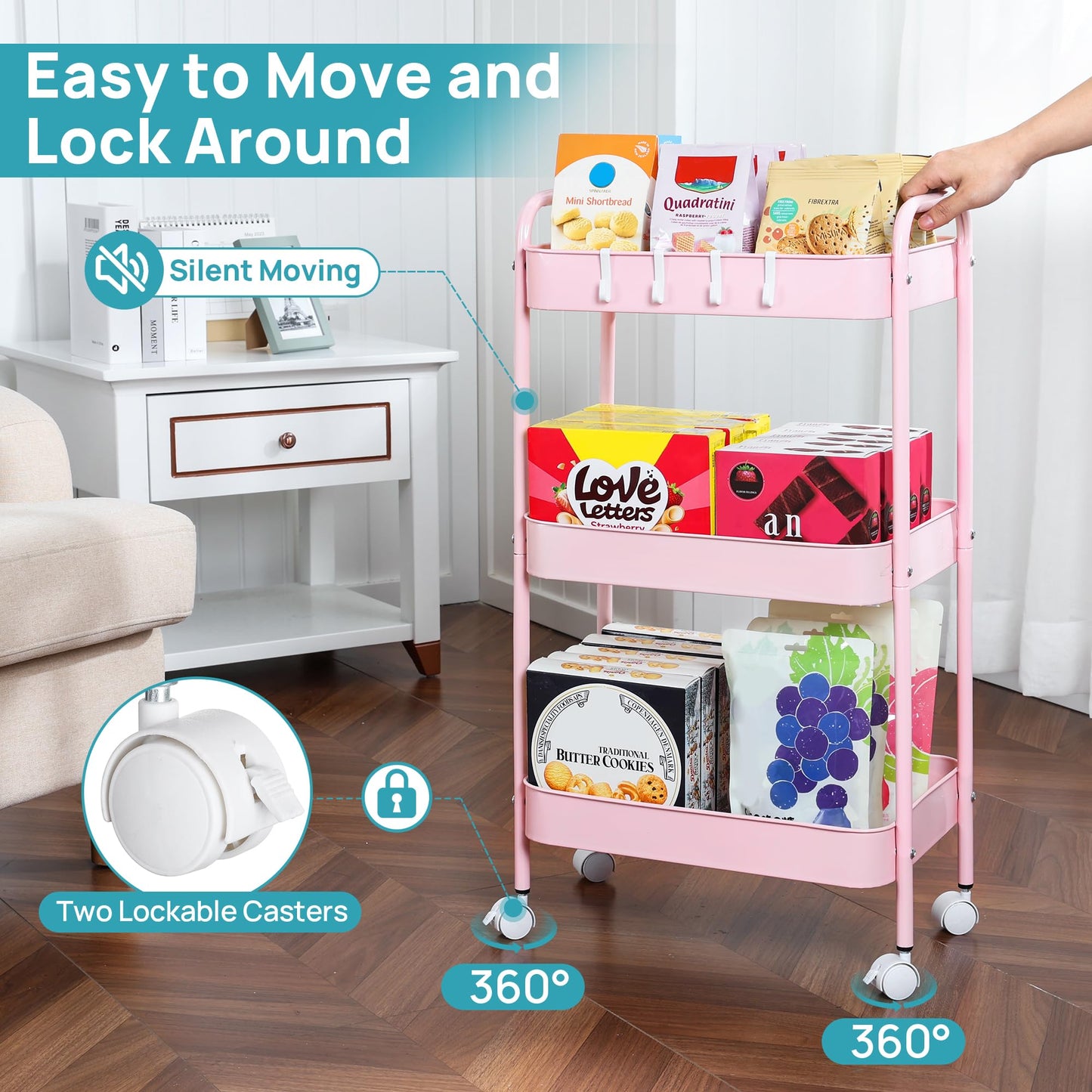 3 Tier Metal Rolling Cart with Wheels, Utility Storage Cart with Handle and Lockable Casters, Storage Basket Organizer Shelves, Easy Assemble for Kitchen, Living Room, Office, Nursery, White (Pink)