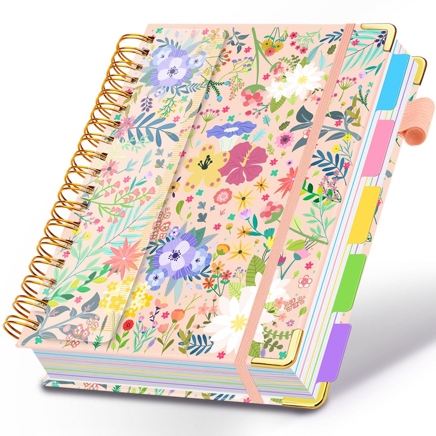 Spiral Journal Notebooks for Work, 300 Pages 5 Subject Notebook College Ruled with Dividers & Tabs, Notebook Journal for Women Students Note-Taking and Organizer (Beige Bloom, B5(8"x10"))