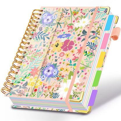 Spiral Journal Notebooks for Work, 300 Pages 5 Subject Notebook College Ruled with Dividers & Tabs, Notebook Journal for Women Students Note-Taking and Organizer (Beige Bloom, B5(8"x10"))