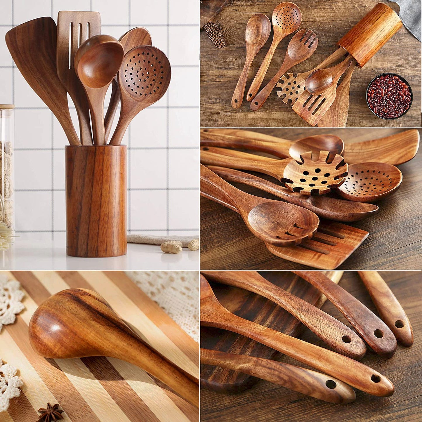 Wooden Spoons for Cooking,Natural Teak Wooden Kitchen Utensils Set (7 PCS)