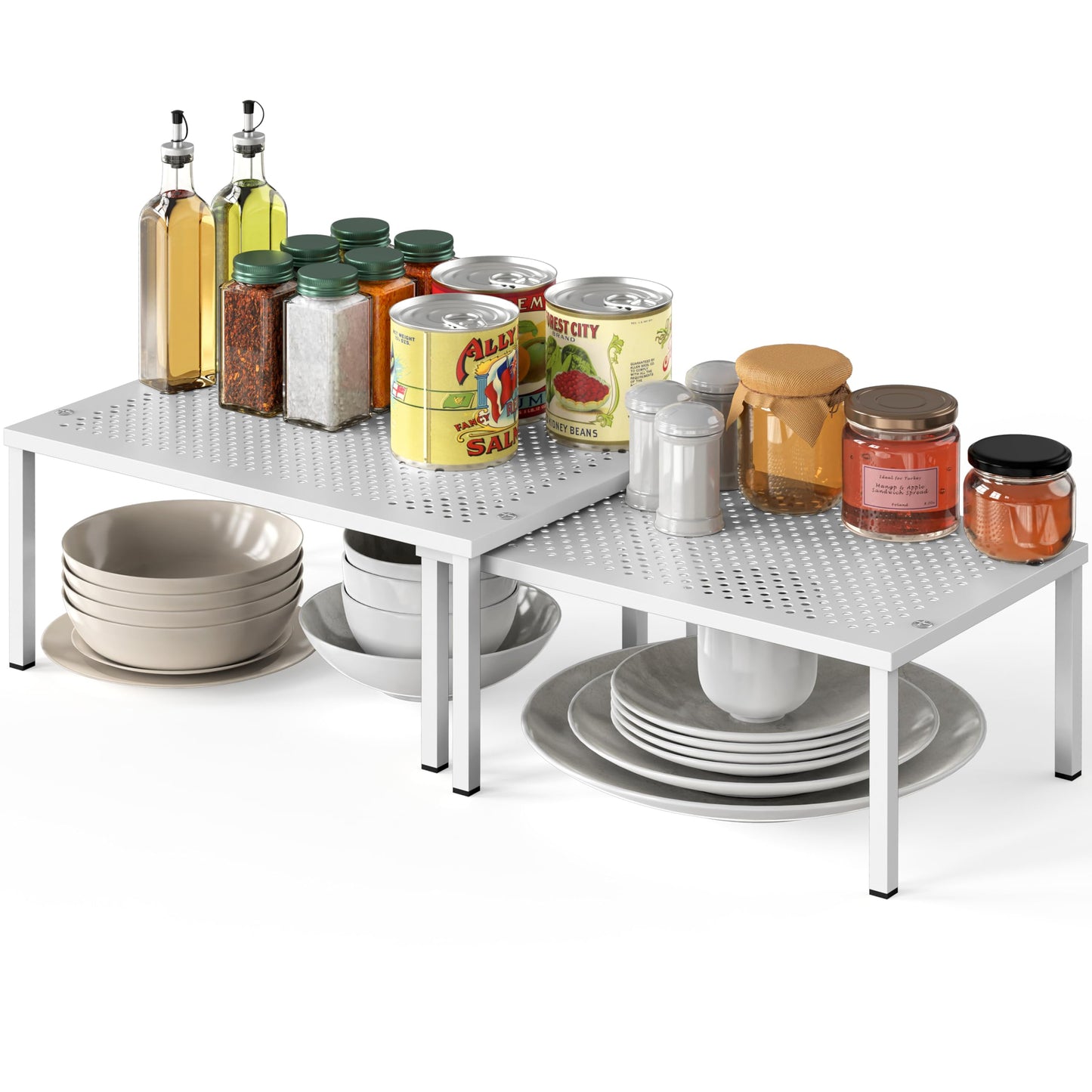 Simple Houseware Expandable and Stackable Kitchen Cupboard Metal Organizer for Mug Shelf, Spice Rack, and Pantry Storage, Set of 2, White