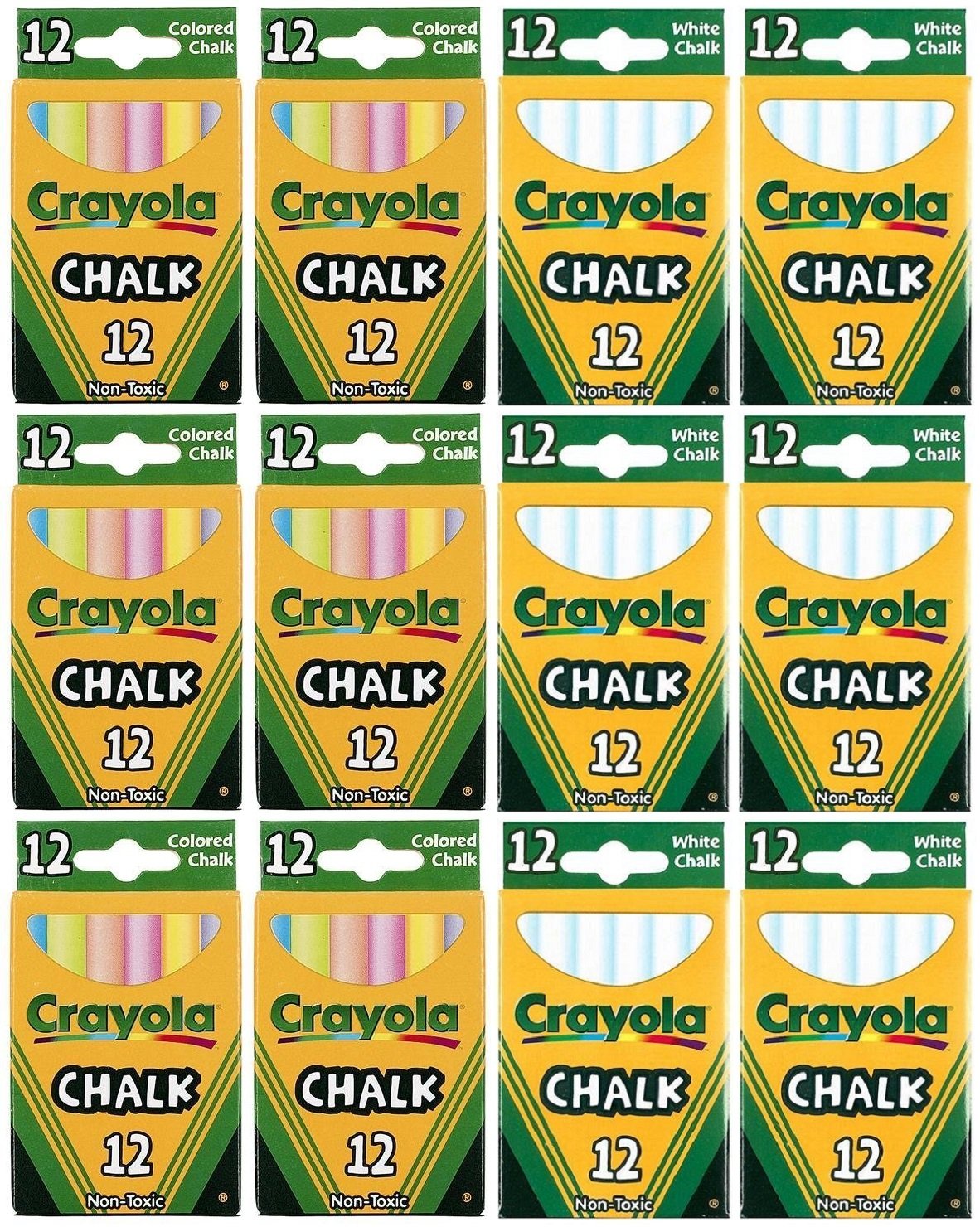 Crayola Chalk Sticks, 6 White Boxes + 6 Colored Boxes, 12 Sticks Per Box (Total 144 Chalk Sticks)