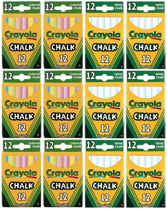 Crayola Chalk Sticks, 6 White Boxes + 6 Colored Boxes, 12 Sticks Per Box (Total 144 Chalk Sticks)