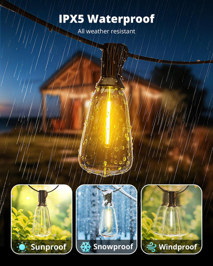 VIPAR Outdoor String Lights 60FT LED Patio Lights Waterproof with 28 Shatterproof ST38 Edison Bulbs Outside Hanging Light Dimmable Connectable for Porch, Deck, Garden, Backyard, Balcony, Decor, 2700K