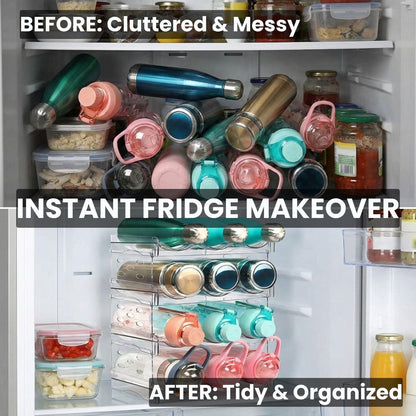 Water Bottle Organizer for Fridge –Versatile Stackable Water Bottle Holder & Storage Rack for Pantry, Cabinet, Counter or Water Bottle Organizer for Kitchen & RV Includes Two Cleaning Towels