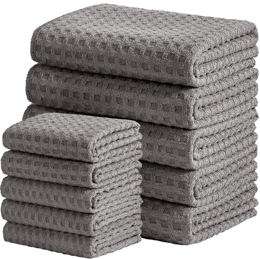 Vnoss Waffle Weave Microfiber Kitchen Towels and Dishcloths Set, 26 X 18 Inch and 12 X 12 Inch, Set of 10 Gray Lint Free Dish Towels for Drying Dishes