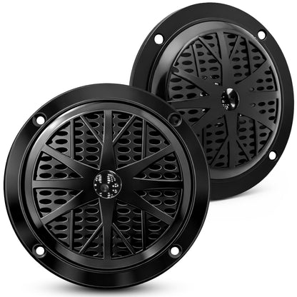 4 Inch Dual Marine Speakers - Waterproof and Weather Resistant Outdoor Audio Stereo Sound System with Polypropylene Cone, Cloth Surround and Low Profile Design - 1 Pair - PLMR41B (Black)