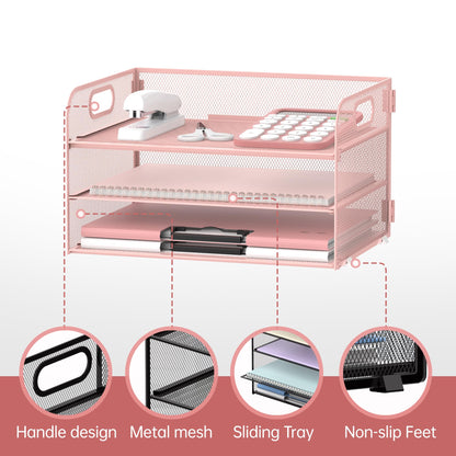 Supeasy 3 Tier Paper Organizer with Handle, Mesh Desk Organizer Letter Tray, Paper Tray File Organizer for A4 File Folder, Pink