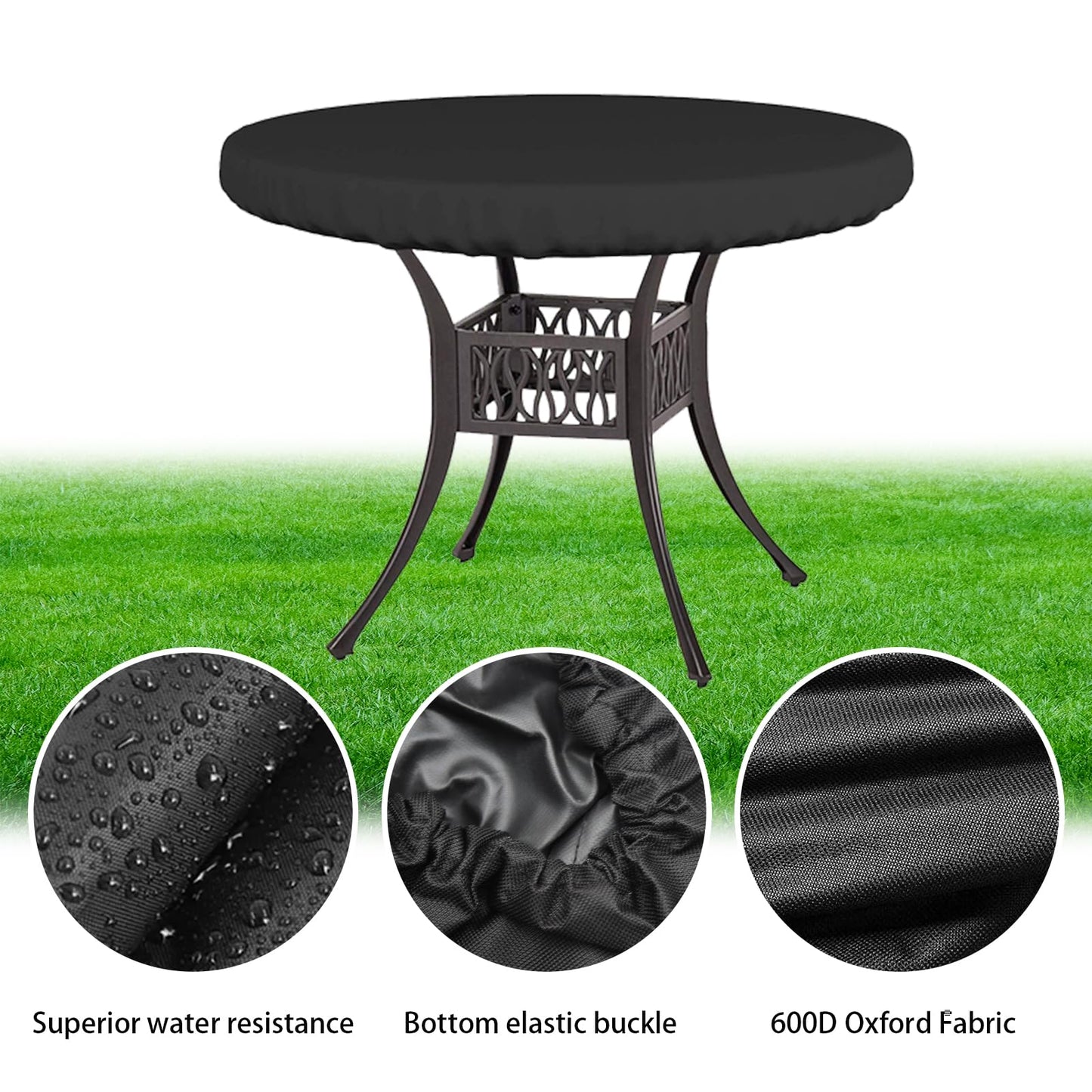 ZUDKSUY Round Table Top Cover - 600D Outdoor Garden Furniture Cover Fits Round Furniture Up to 48" - Black, Patio Table Top Cover