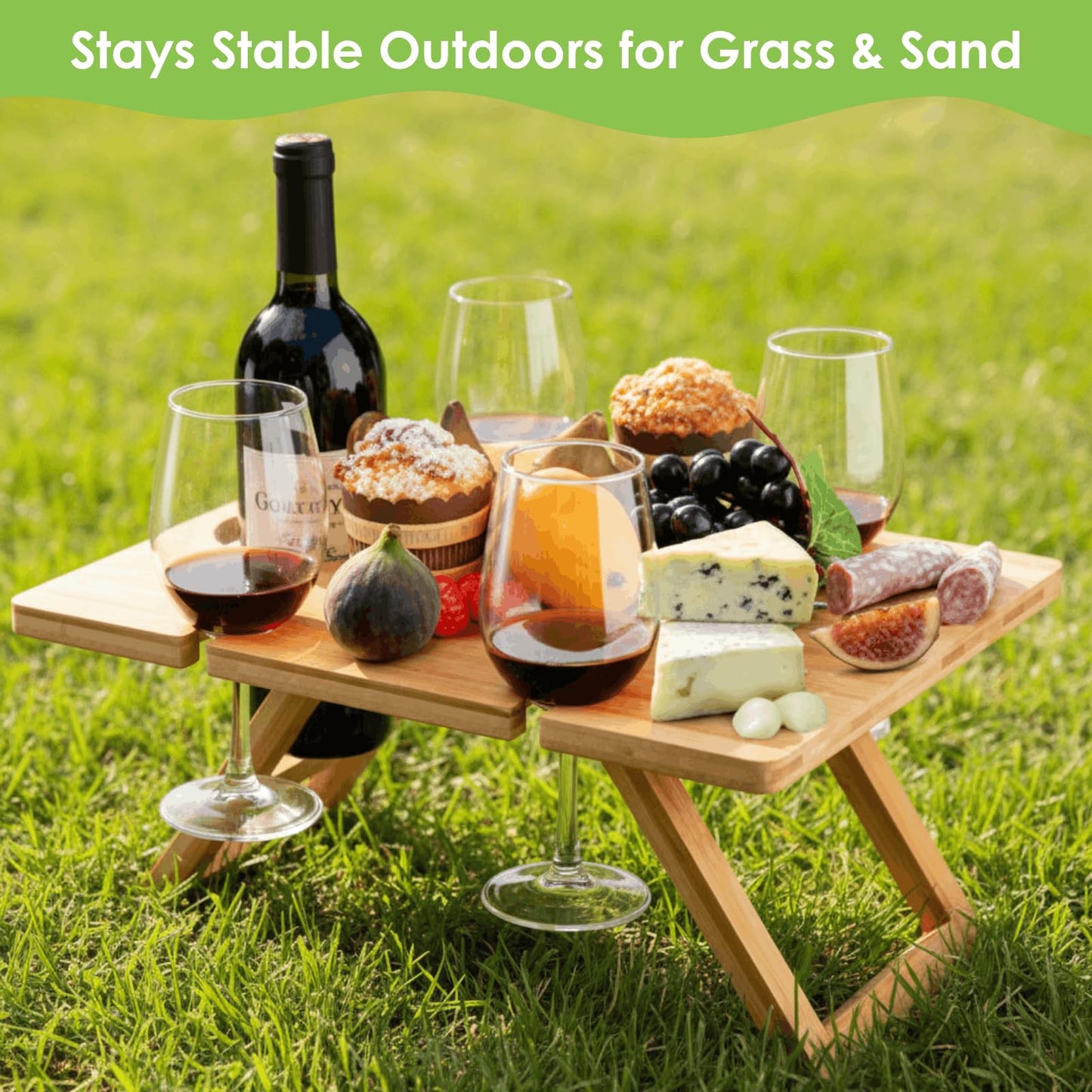 YOUEON Portable Wine Picnic Table with 5 Wine Glasses Holder, Foldable Champagne Snack Tables, Beverage and Cheese Table for Picnic, Camping, Park, Beach, Outdoor Lover Gift