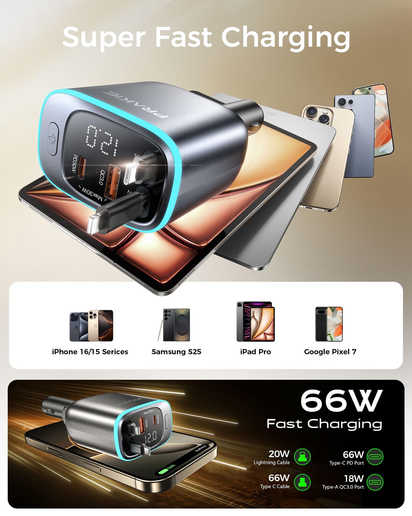 Retractable Car Charger 4 in 1 Car Phone Charger with Led Light USB C Fast Charger for Car with 2 Retractable Cables and 2 USB Ports Compatible with i Phone 17/16/15/14/13/iPad Galaxy S25/24 Android